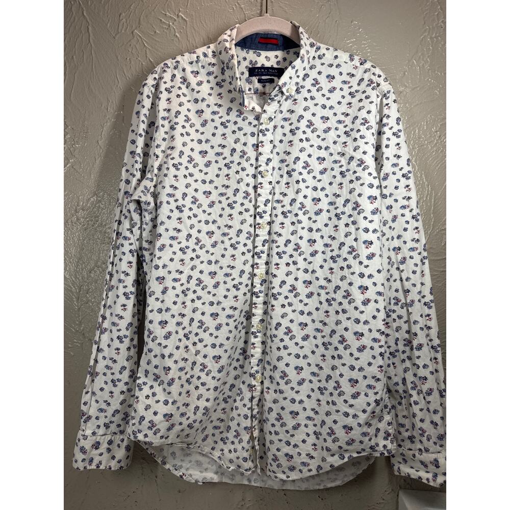 Zara Man Mens Slim‎ Fit Floral Long Sleeve Button Down Shirt Size Large